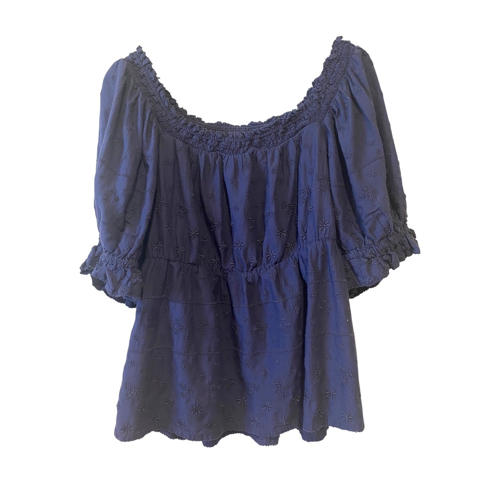 Old Navy Peplum Blouse Size XL Blue Eyelet Smocked Puff Sleeve Boho Peasant Top